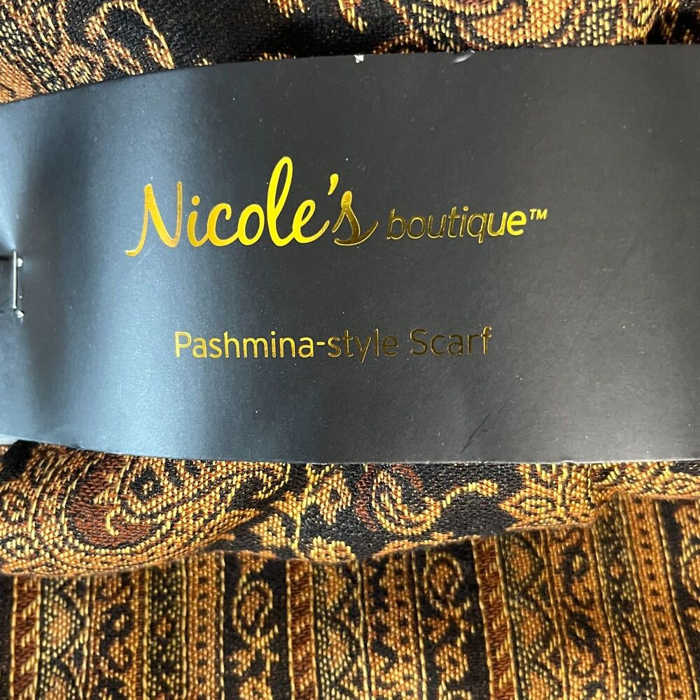 Nicoles Boutique Pashmina Style Scarf Paisley Jacquard Gold Black Fringe Shawl